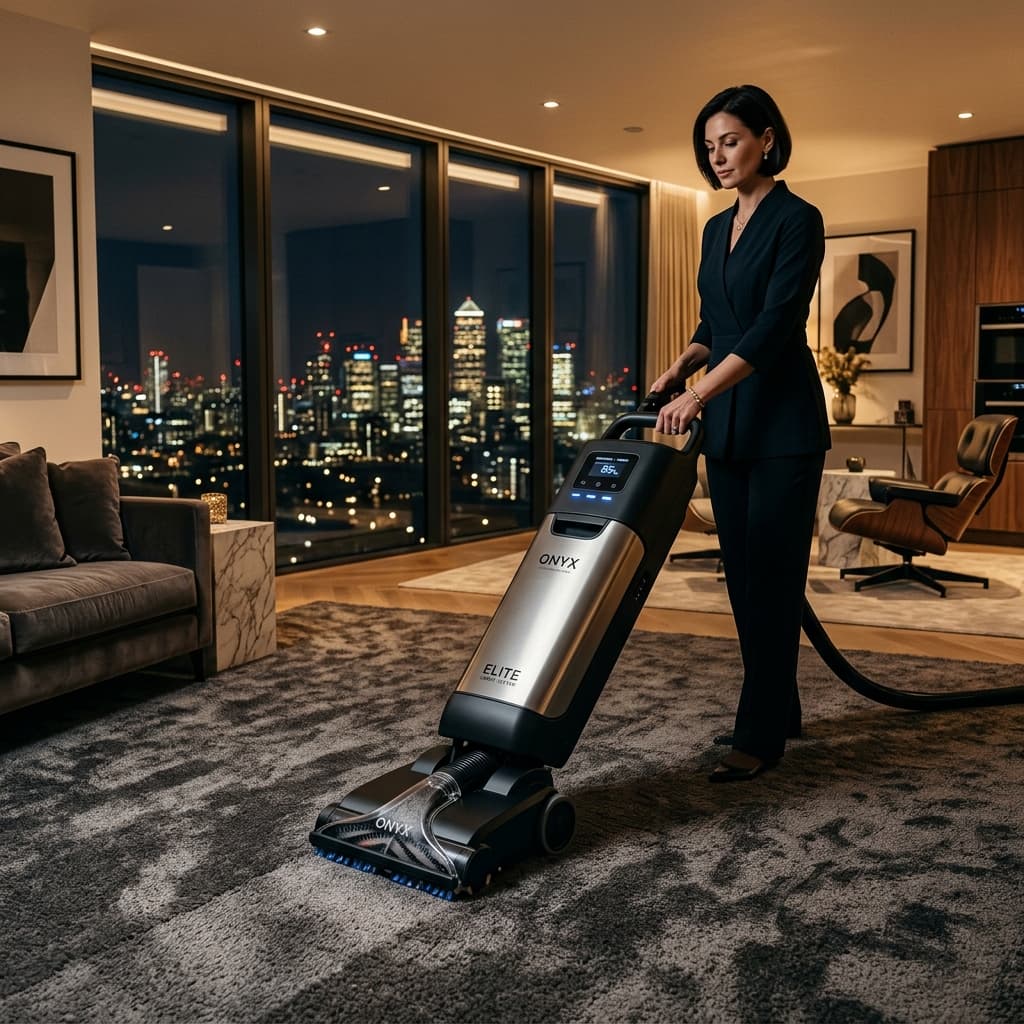 Extractor de alfombras profesional en operación sobre una alfombra de sala residencial.